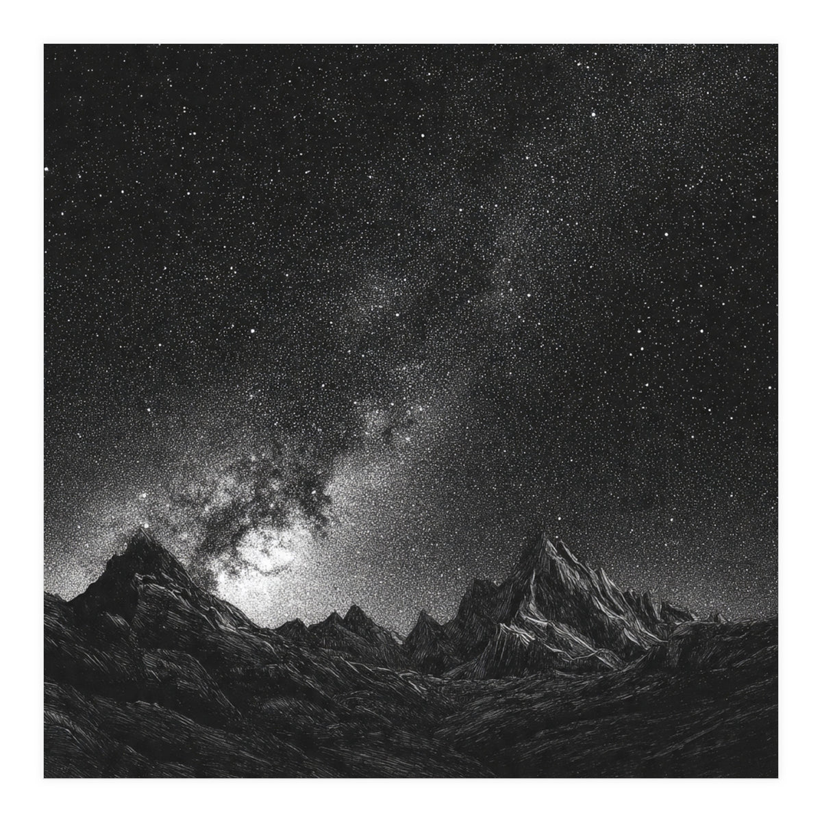 Starlit Mountain Majesty: Detailed Monochrome Milky Way (Print Only)