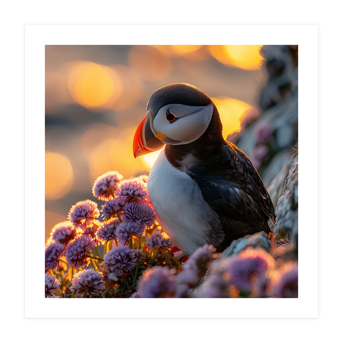 Puffin Bird Amidst Purple Flowers Golden Hour (Print Only)