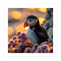 Puffin Bird Amidst Purple Flowers Golden Hour (Print Only)