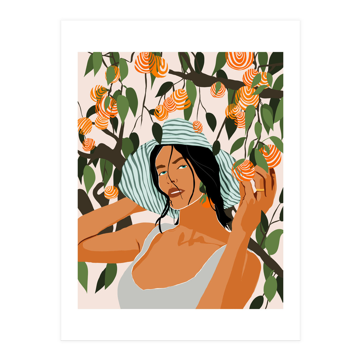 The Orange Grove, Bohemian Woman Summer Travel, Fashion Botanical Nature Garden, Plants Fruits Juicy (Print Only)