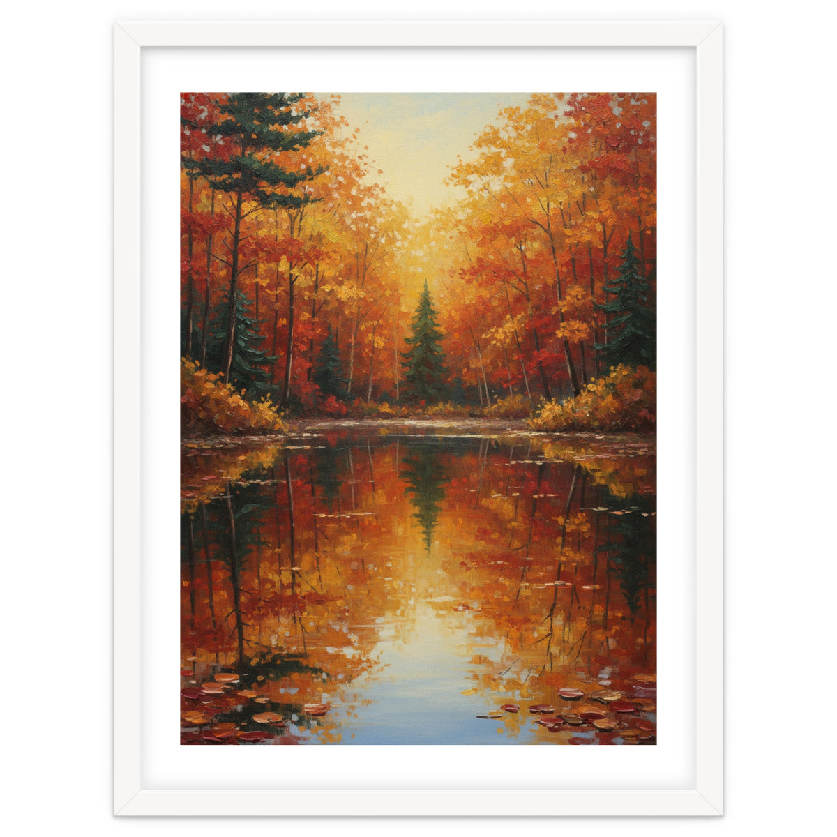 Golden Autumn Reflection: Impasto Forest Landscape