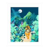 Tiger Walk, Bohemian Jungle Maximalist Nature, Botanical Forest Plants Moon Wild Animals (Print Only)