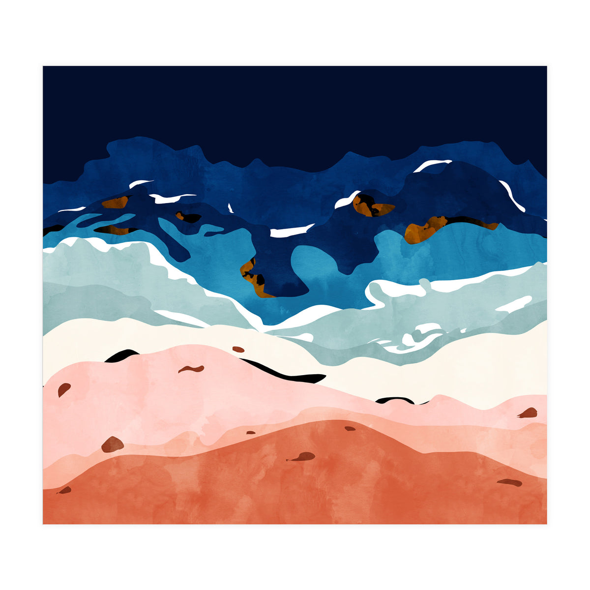 Ocean Heart, Abstract Sea Waves, Tropical Travel Watercolor Painting, Eclectic Bohemian Beach Nature (Print Only)