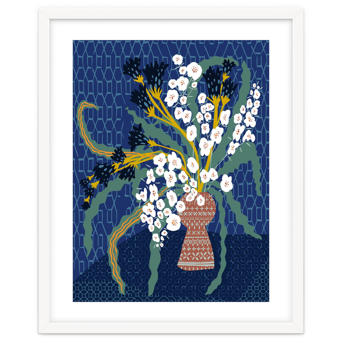 Floral contemporary still life dark blue