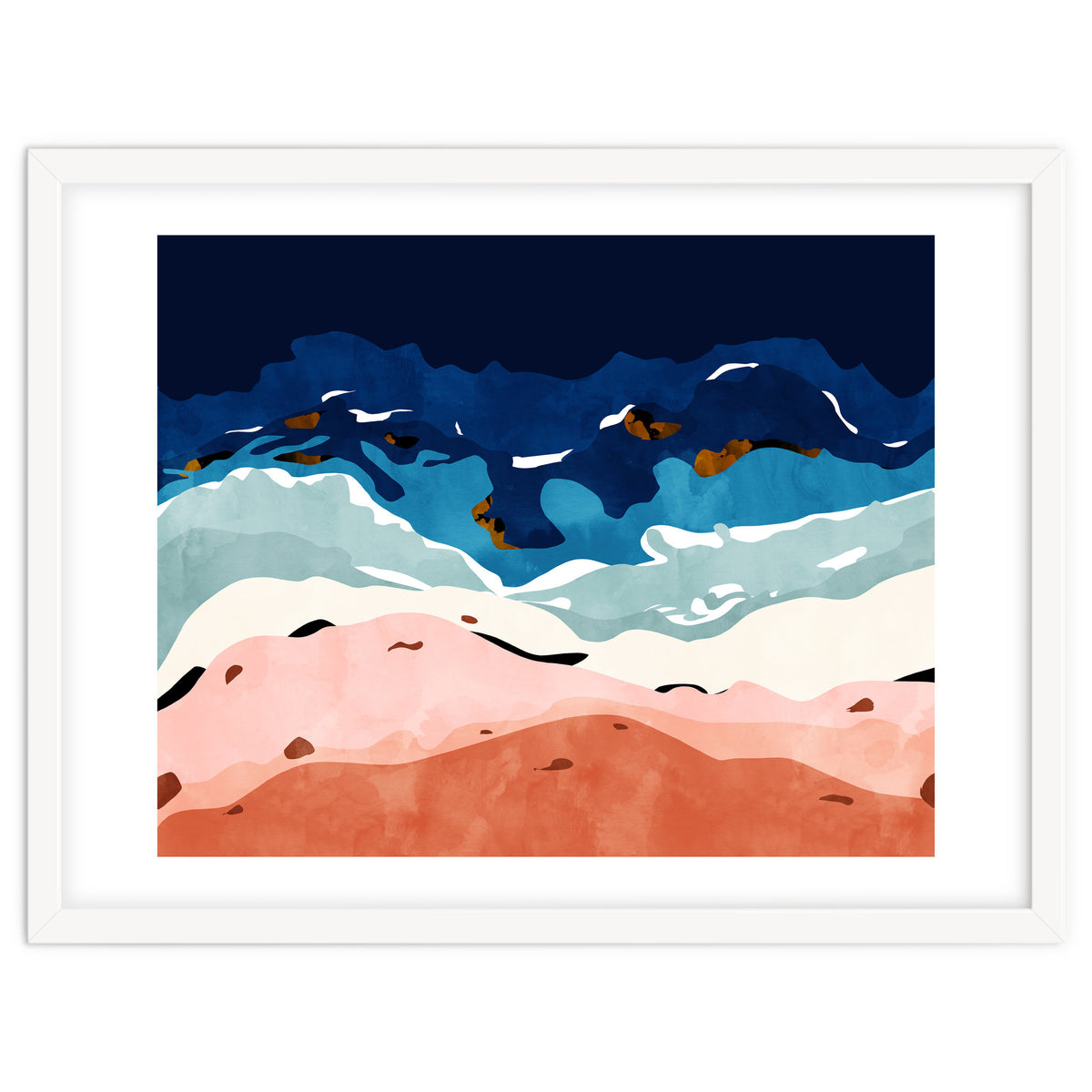 Ocean Heart, Abstract Sea Waves, Tropical Travel Watercolor Painting, Eclectic Bohemian Beach Nature