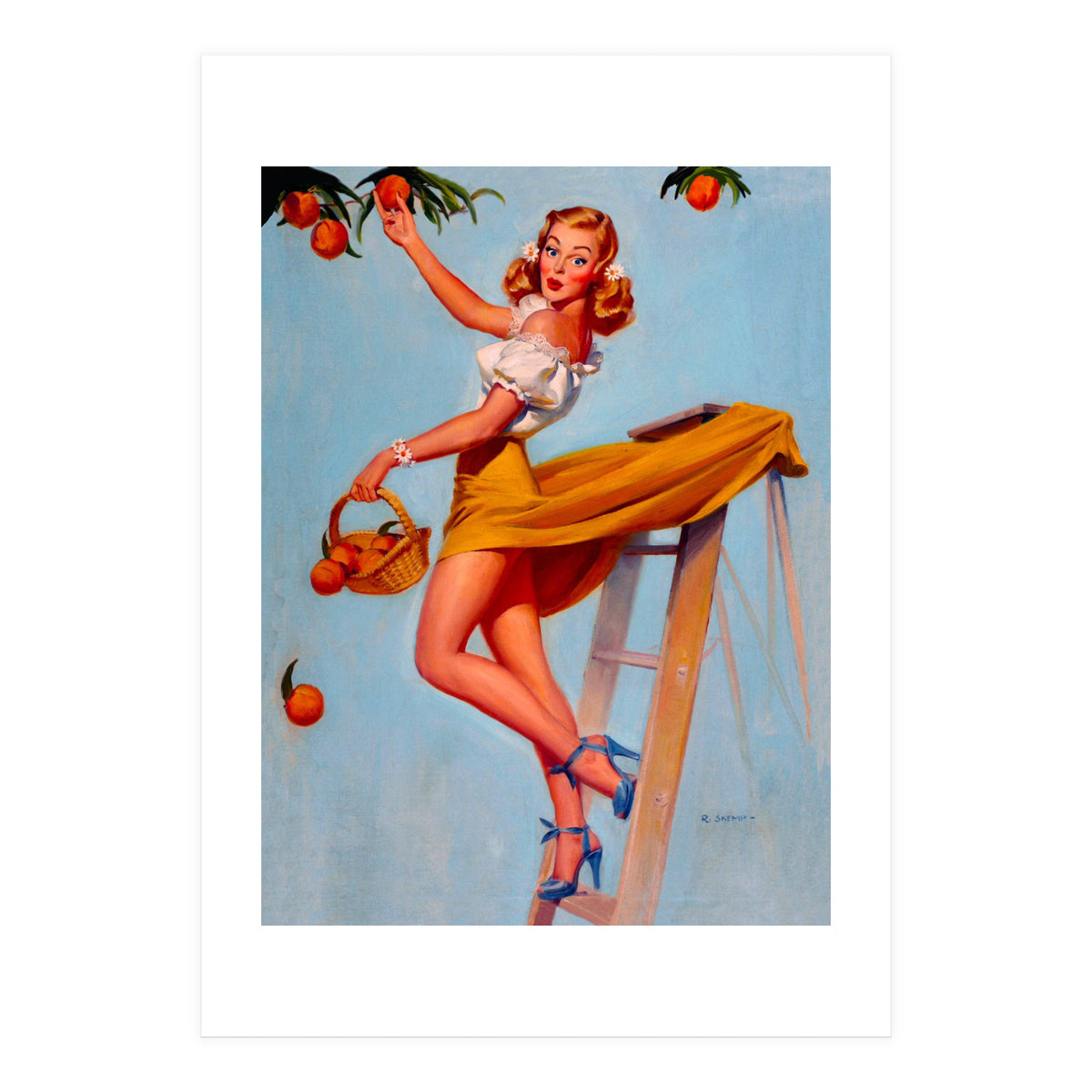 Pinup Sexy Woman Picking Oranges On A Tree Branch (Print Only)