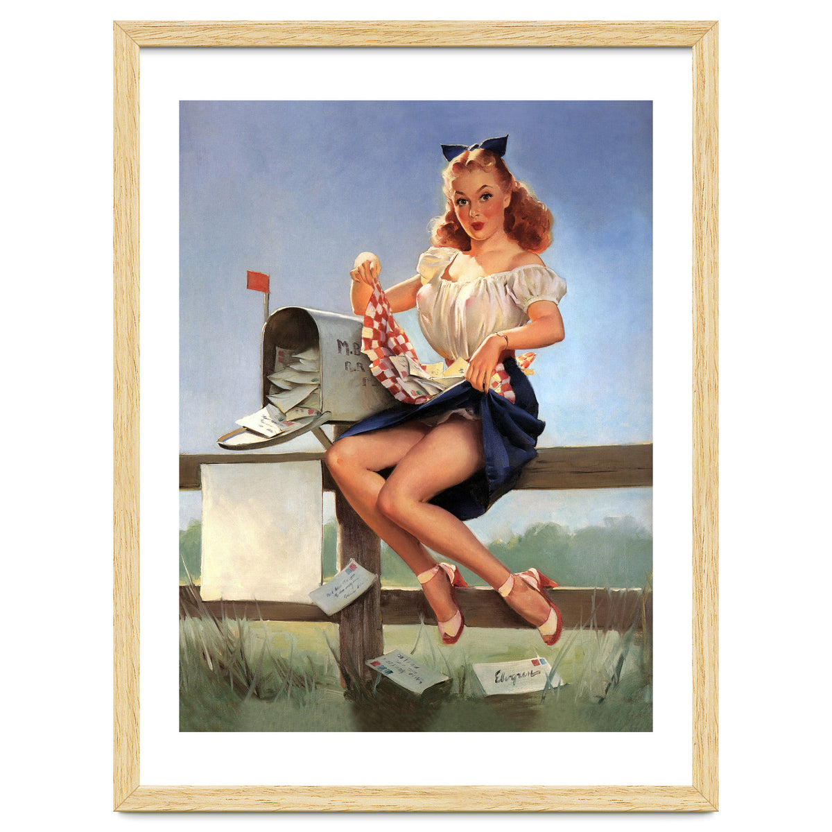 Countryside Pinup Girl Posing On A Fence With Love Letters And A Full Mailbox
