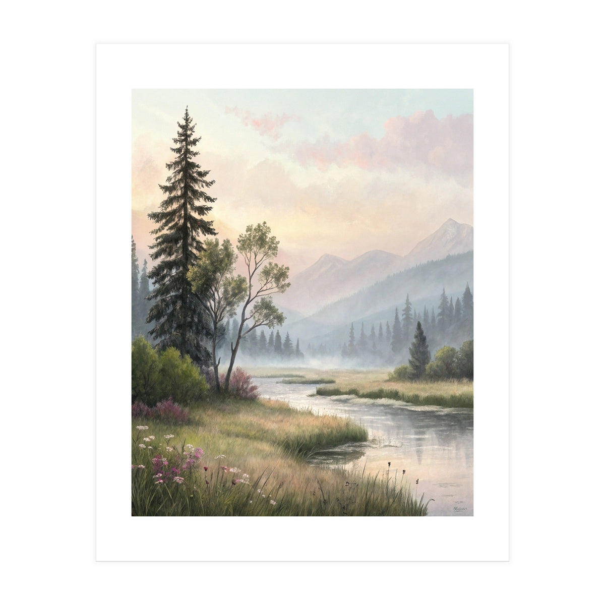 Dreamy Alpine Valley Landscape Painting (Print Only)