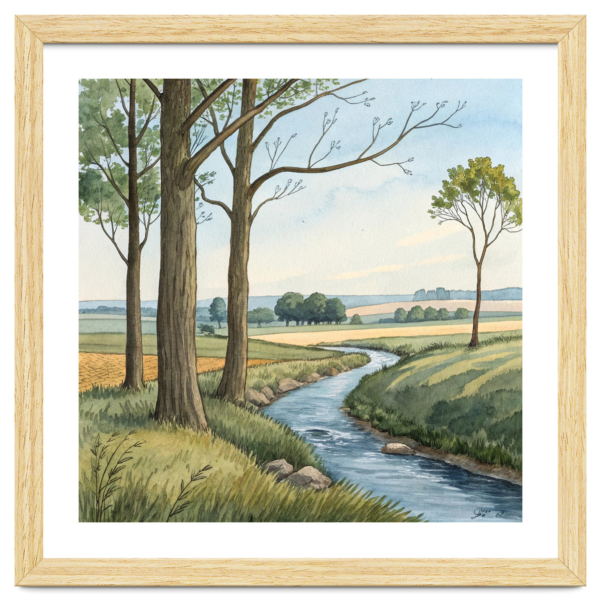 Pastoral Countryside Watercolor Painting with Winding Stream Meadows and Deciduous Trees Landscape