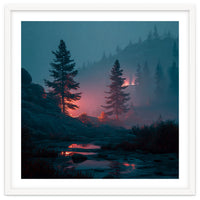 Atmospheric Twilight Pine Forest with Glowing Crimson Light