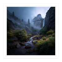 Majestic Misty Mountain Valley with Cascading Waterfall (Print Only)