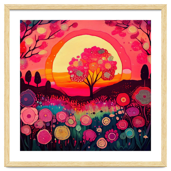 Folk Sunset Blossoming Tree