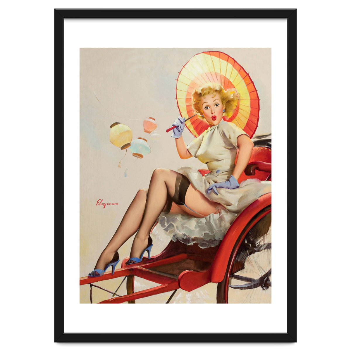 Pinup Girl In Rickshaw Experiencing Sudden Wind