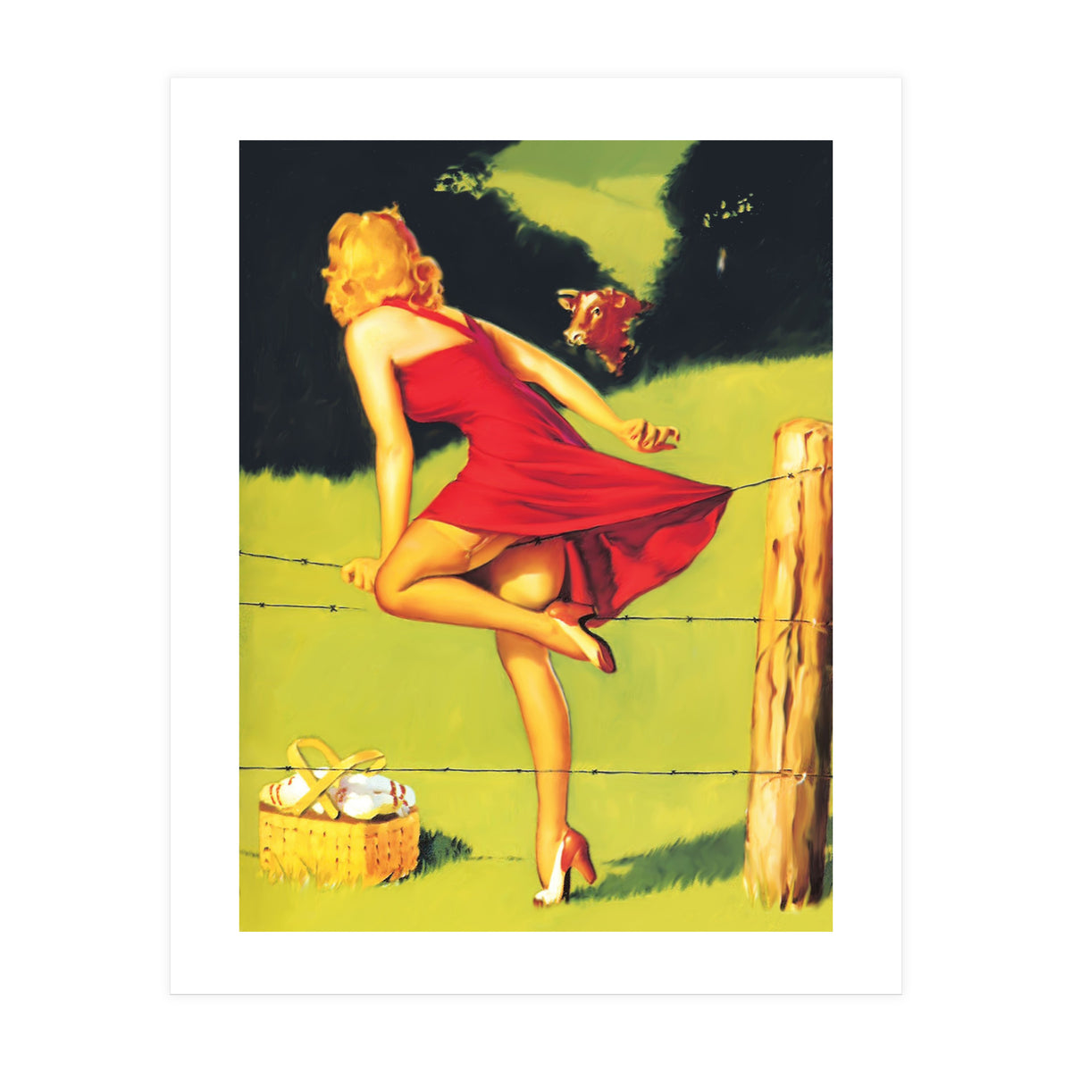 Pinup Girl In Red Dress Crossing The Barbed Wire While Looking At The Bull (Print Only)