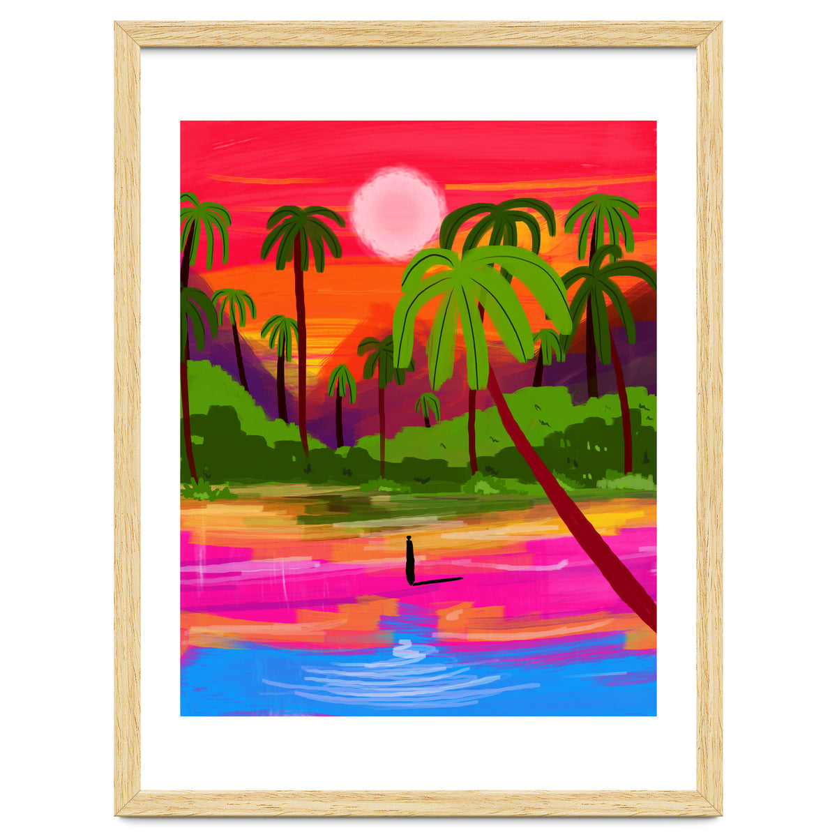 My Shadow & I, Sunset Painting Lake Beach Seashore, Tropical Nature Landscape Colorful Bohemian Traditional, Travel Concept Companion