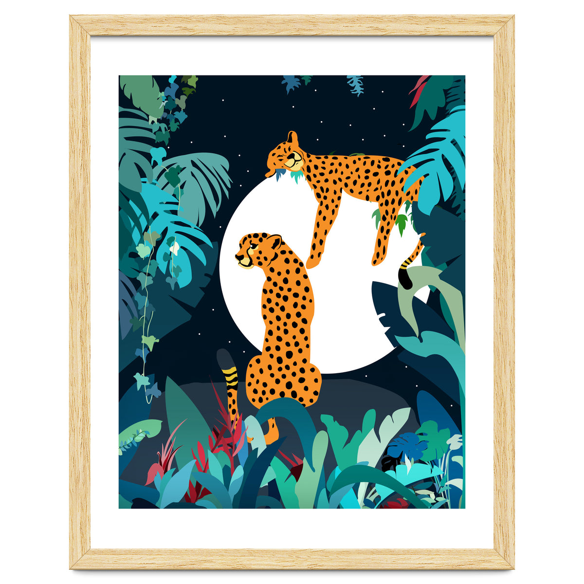 Over The Moon, Leopard In Love, Jungle Wildlife Tropical Tiger Botanical, Nature Cat Dark Animals