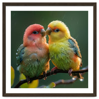 Two Lovebirds Perched On A Branch In Rain