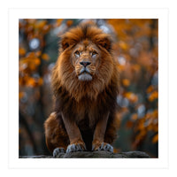 Majestic Lion Sitting On A Rock In Autumn Forest (Print Only)