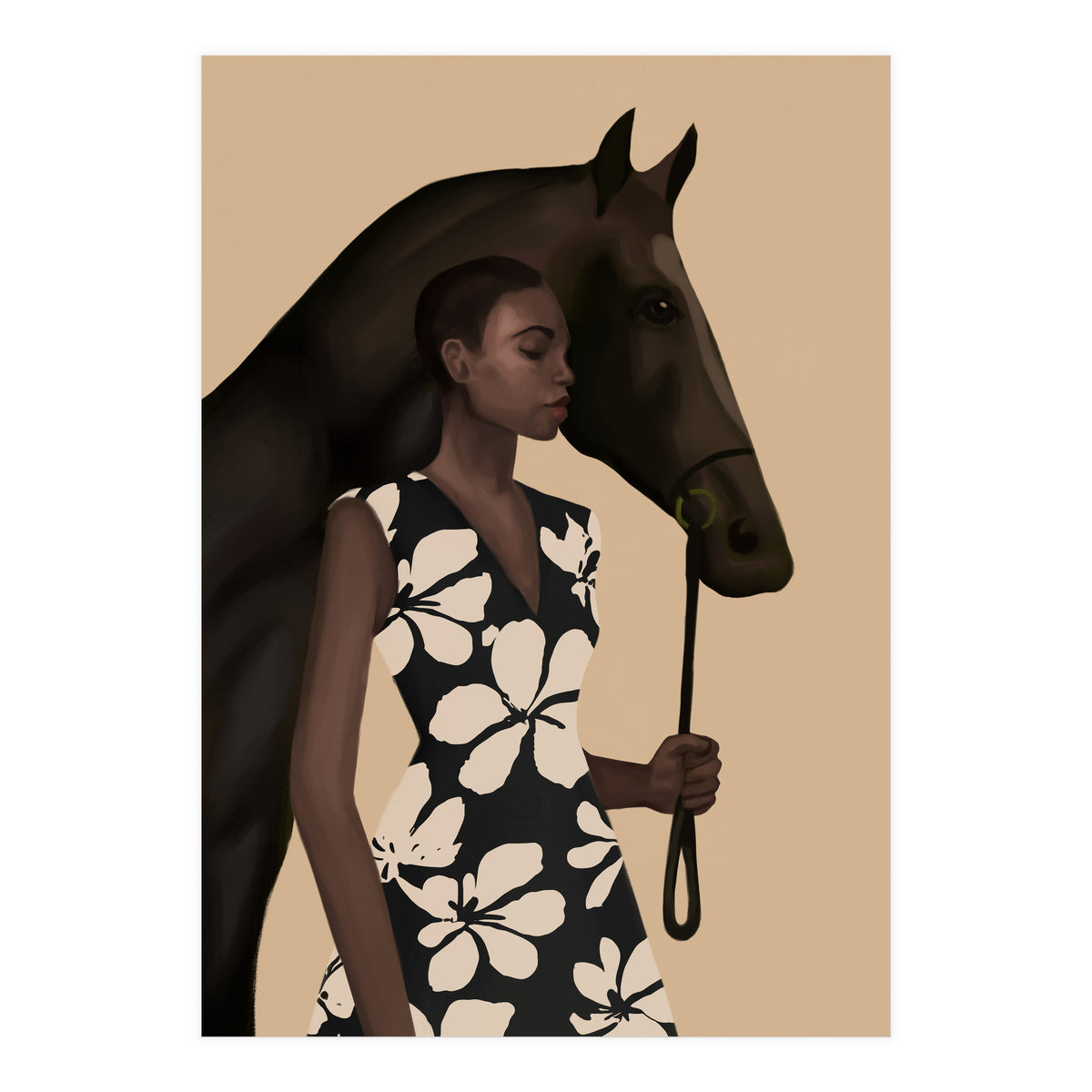 Woman In Bold Print With Black Horse (Print Only)
