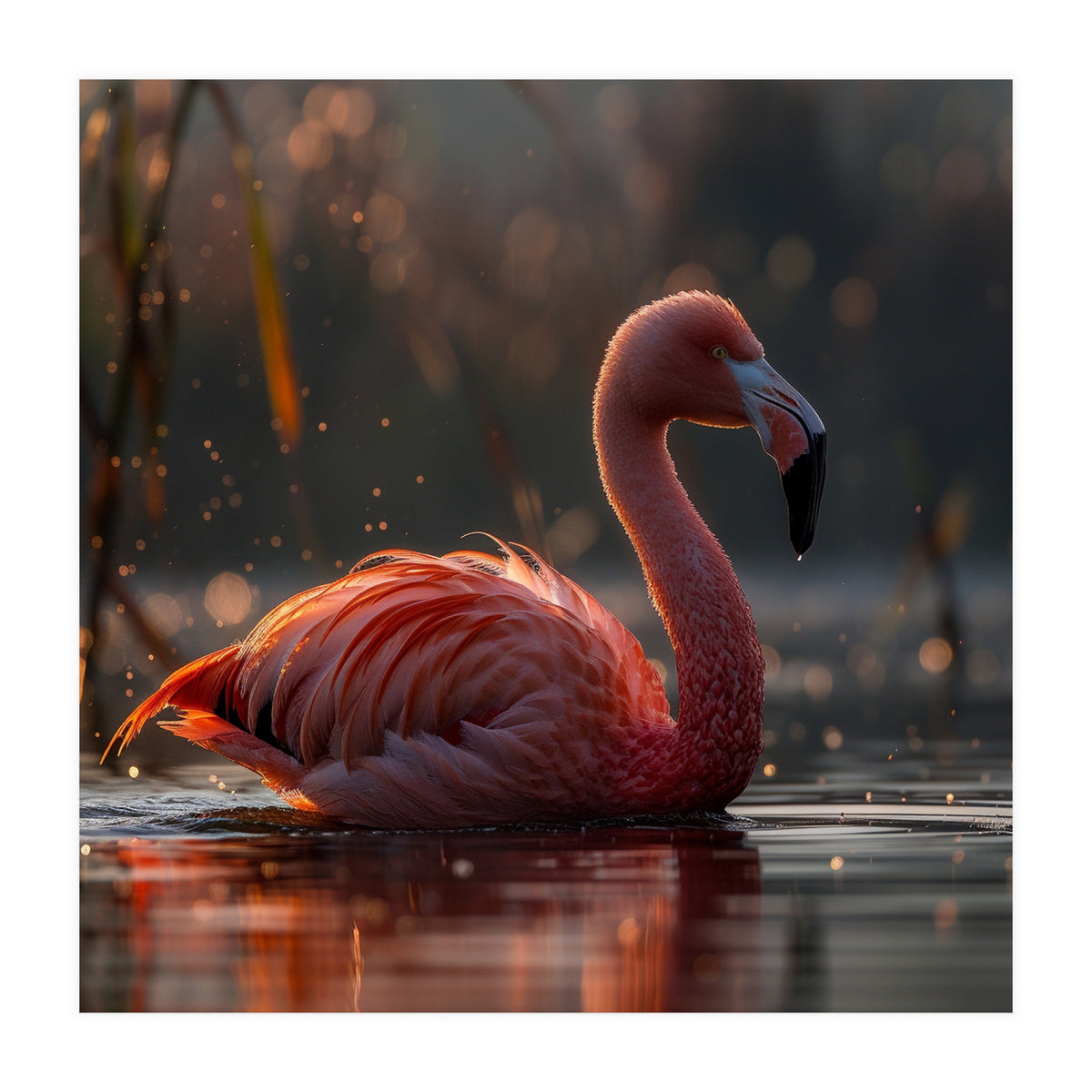 Pink Flamingo Swimming In Sunlight Water (Print Only)