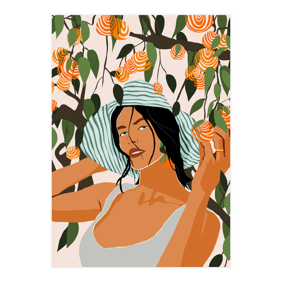 The Orange Grove, Bohemian Woman Summer Travel, Fashion Botanical Nature Garden, Plants Fruits Juicy (Print Only)