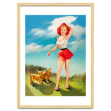 Pinup Girl In Little Red Dress And Two Dogs thumbnail