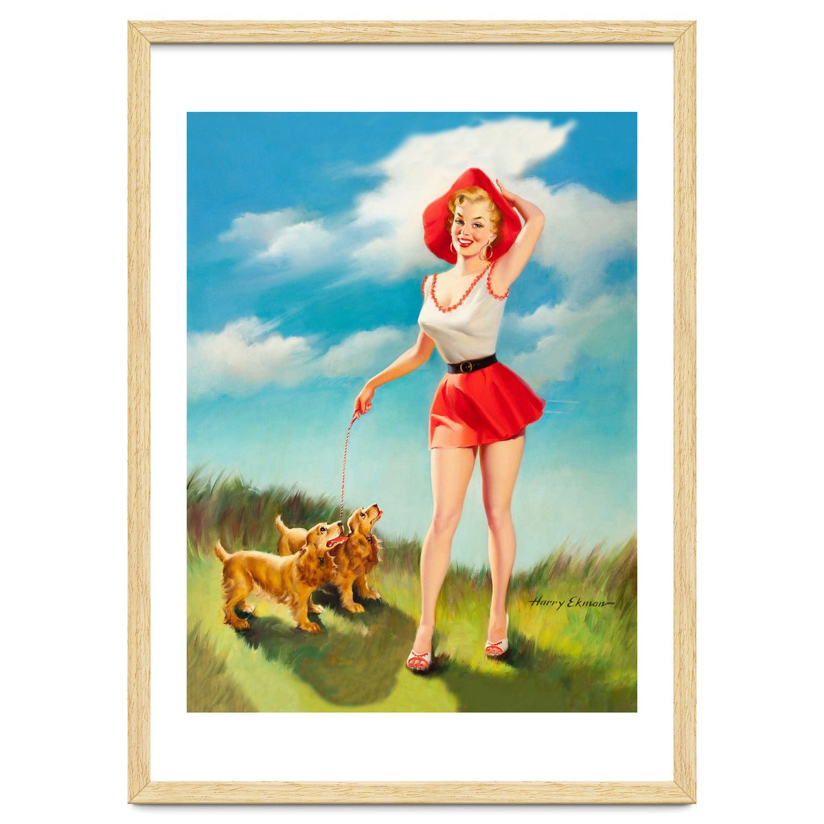 Pinup Girl In Little Red Dress And Two Dogs