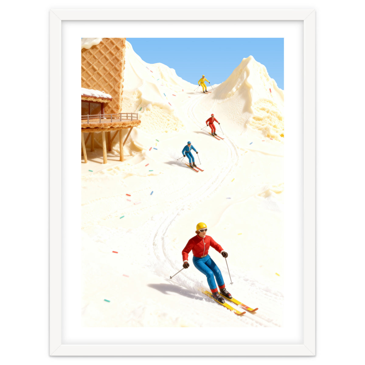 Skiing on Ice Cream Mountains, Miniature Skiers Winter Art Print for Kitchen Decor