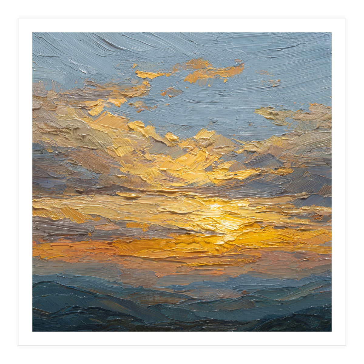 Atmospheric Golden Sunset Impasto Oil Painting Featuring Textured Clouds (Print Only)