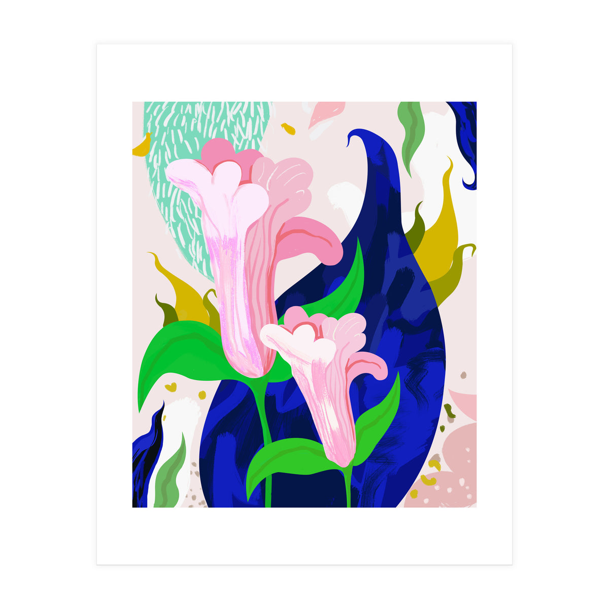 Blue Leaf | Abstract Botanical Floral Painting | Eclectic Pop of Color Nature | Jungle Plants (Print Only)