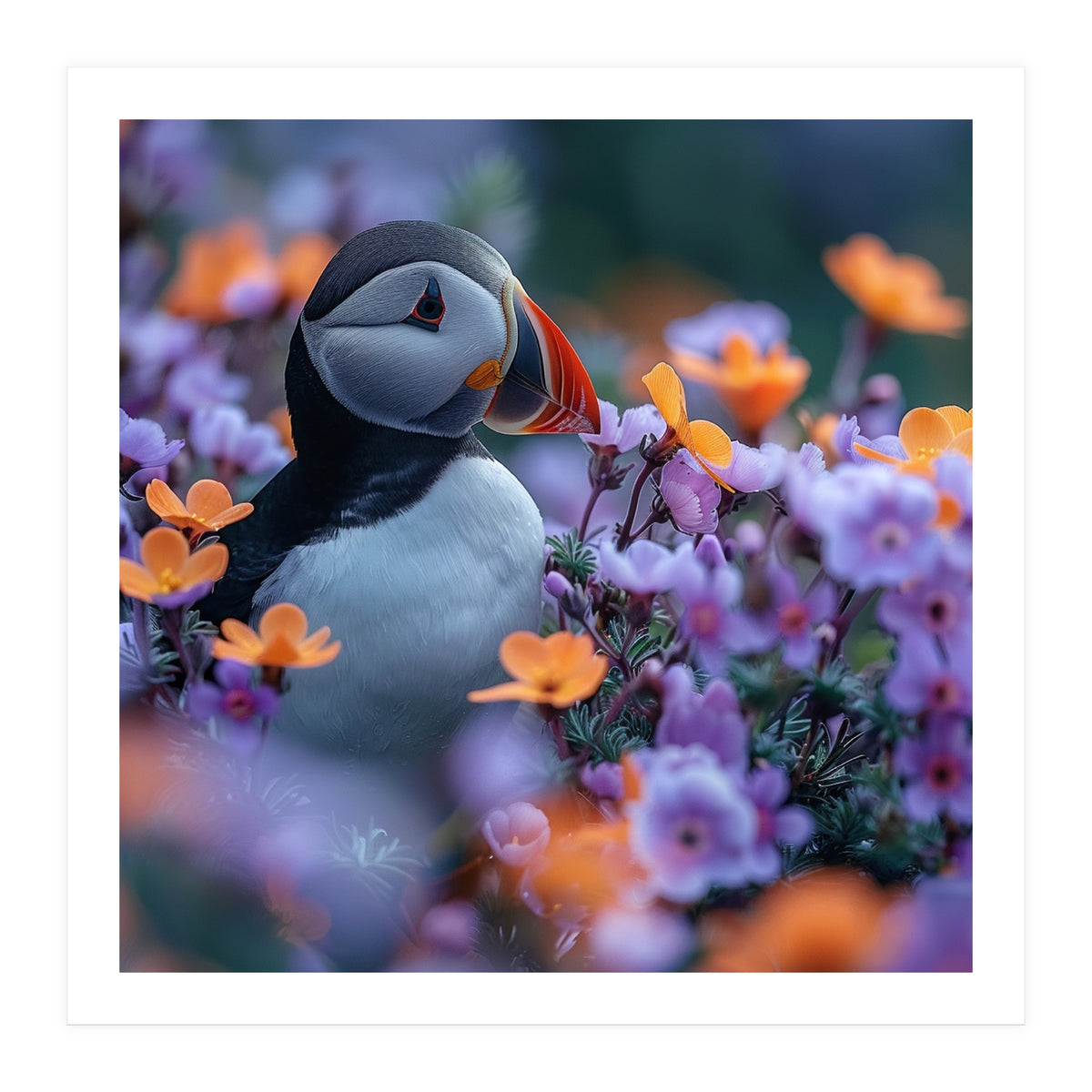 Puffin Bird Among Vibrant Purple And Orange Flowers (Print Only)