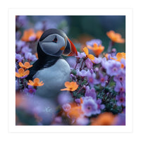 Puffin Bird Among Vibrant Purple And Orange Flowers (Print Only)