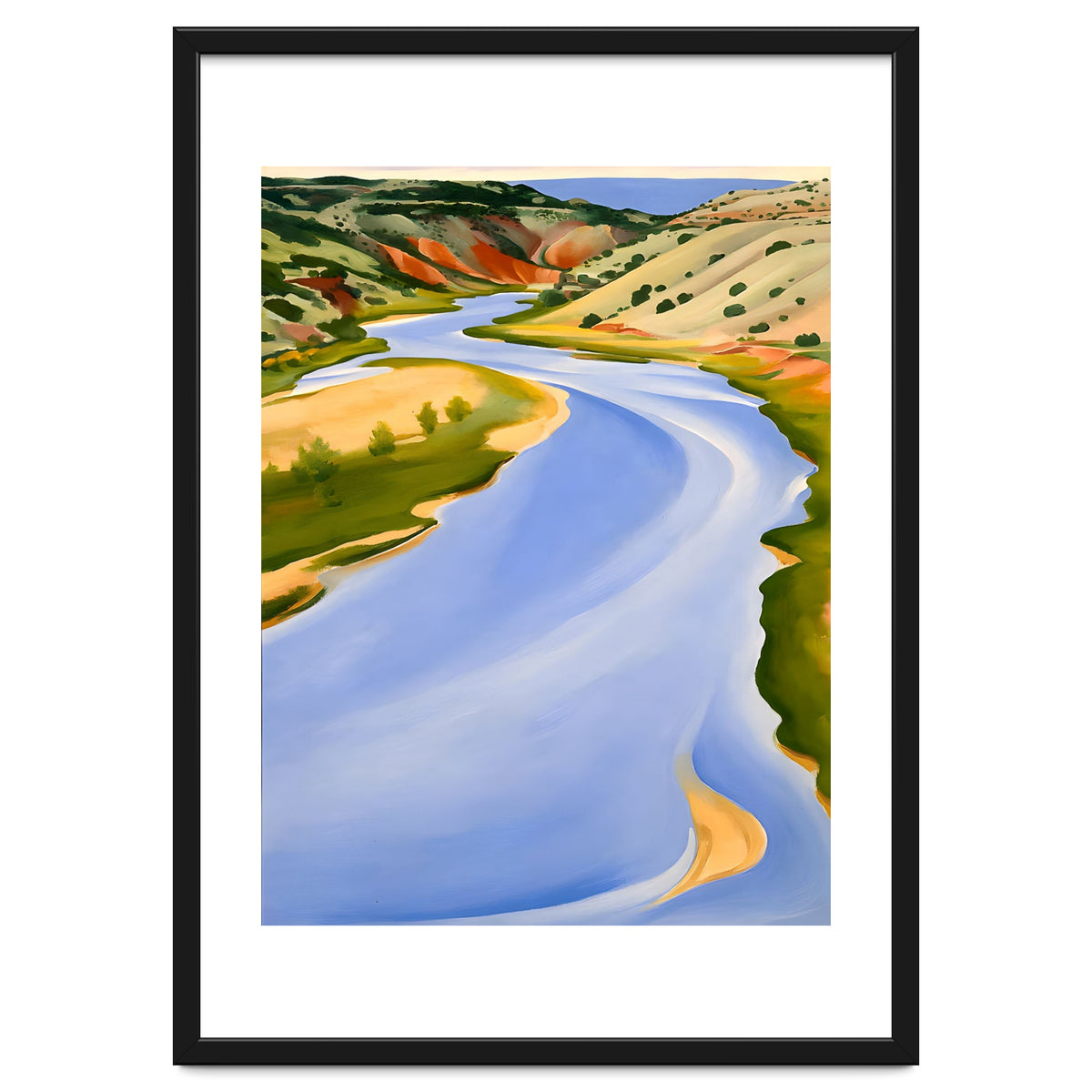 Georgia O’Keeffe – Chama River, Ghost Ranch (1937) | Serene Southwestern Landscape in Bold Modernist Forms