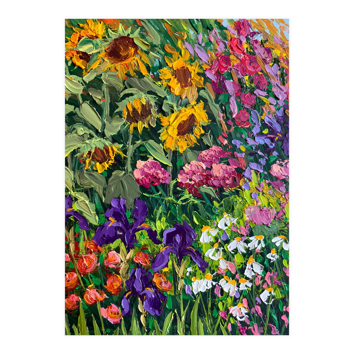 Vibrant Summer Sunflower and Iris Meadow Oil Painting (Print Only)