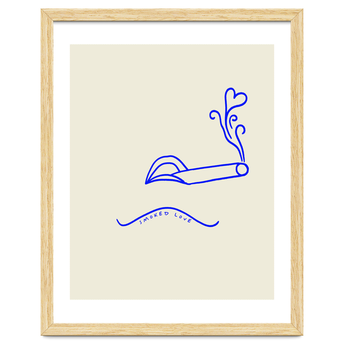 Smoked Love, Line Art Drawing Sketch, Minimalism Doodle Woman Cigarette Cigar Smoke, Eclectic Bohemian Framed