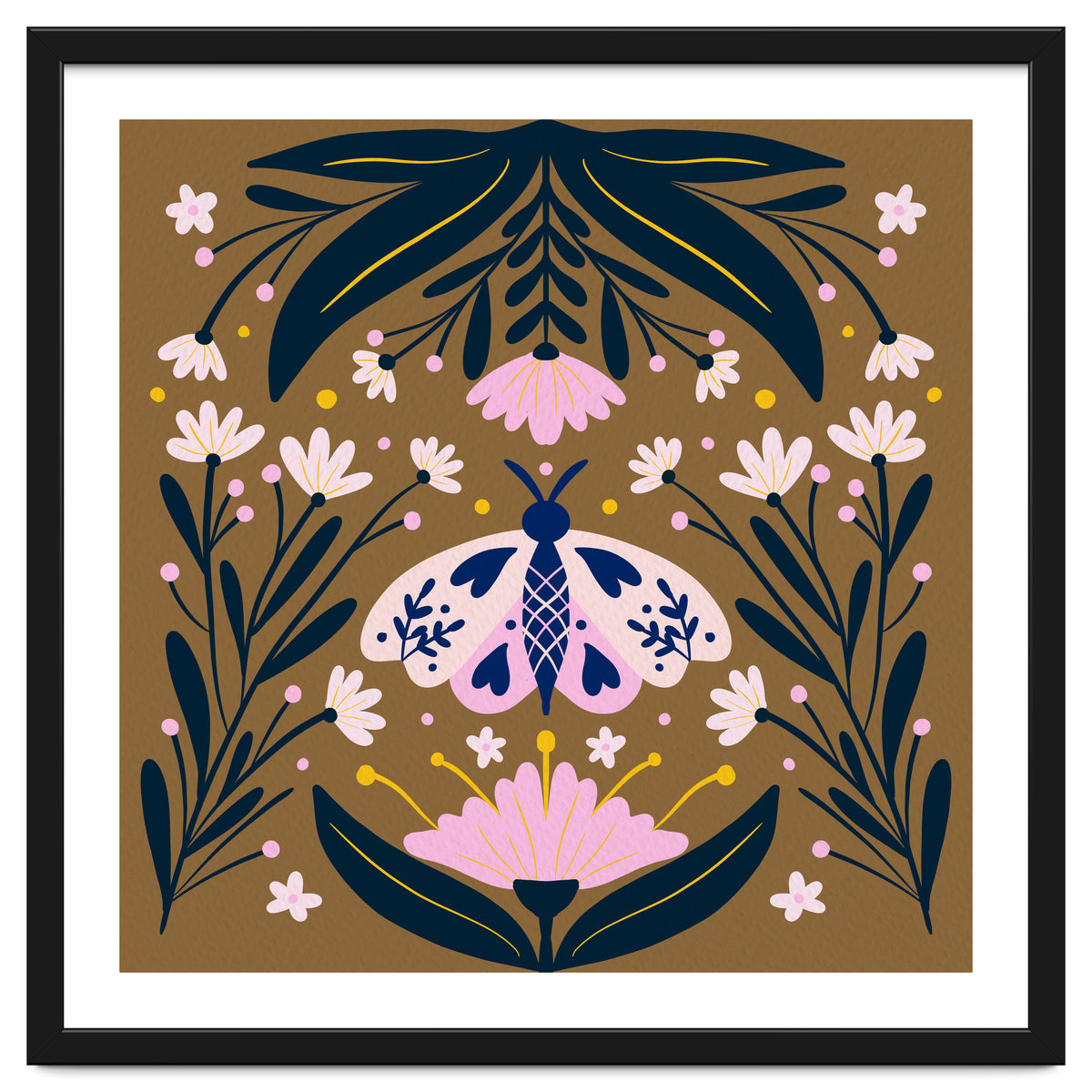 Pink Moth with Flowers on a brown background