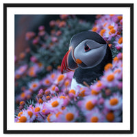 Puffin Bird Among Pink Flowers