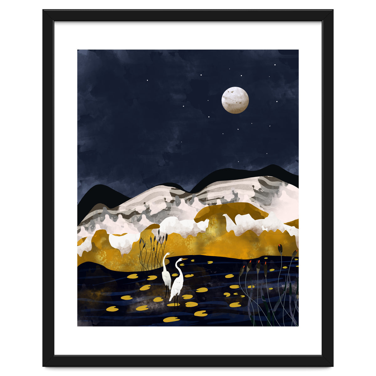 Midnight Lake, Stork Wildlife Animals Abstract Painting, Nature Landscape Travel Adventure Full Moon Night, Eclectic Gold Birds Magical Bohemian