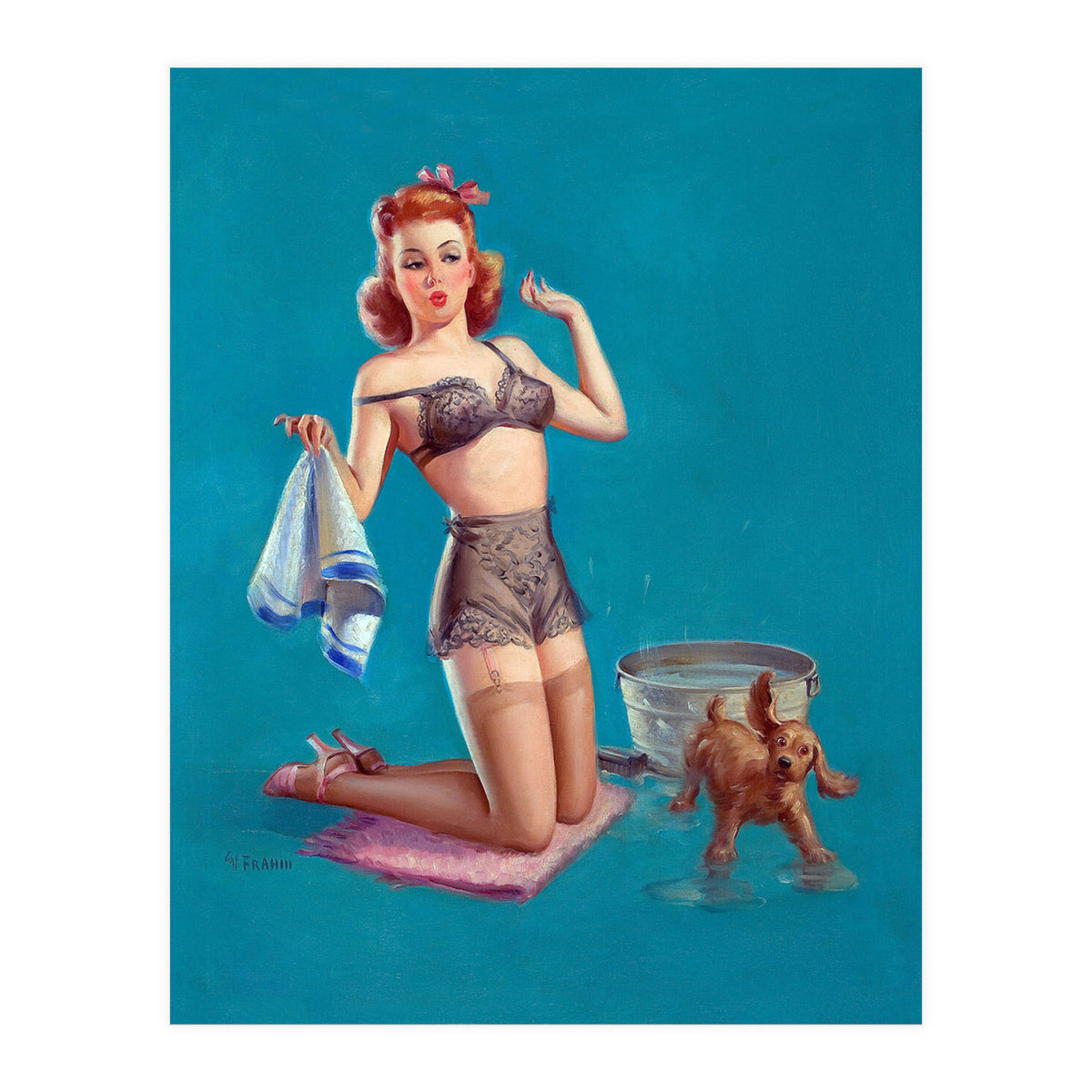 Pinup Girl Bathing A Dog (Print Only)
