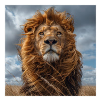 Majestic Lion Portrait Windblown Mane Outdoors (Print Only)
