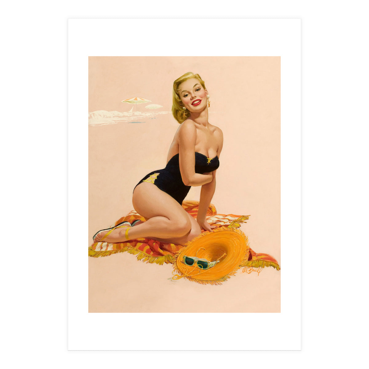 Pinup Woman Is Posing On A Beach (Print Only)