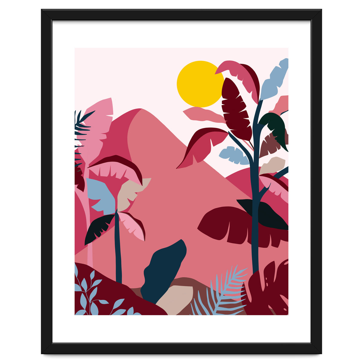 Tropical Sundowner, Pastel Jungle Botanical Nature, Summer Plants Palms Sunset, Mountain Landscape Travel Adventure