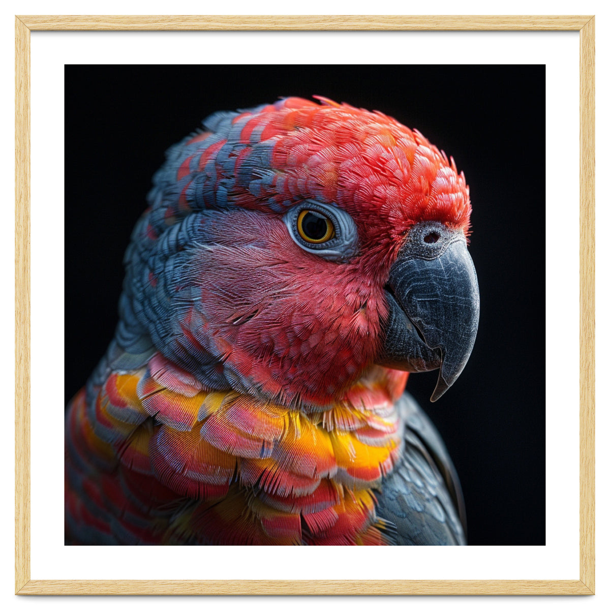 Close Up Parrot Face Red Blue Yellow Plumage