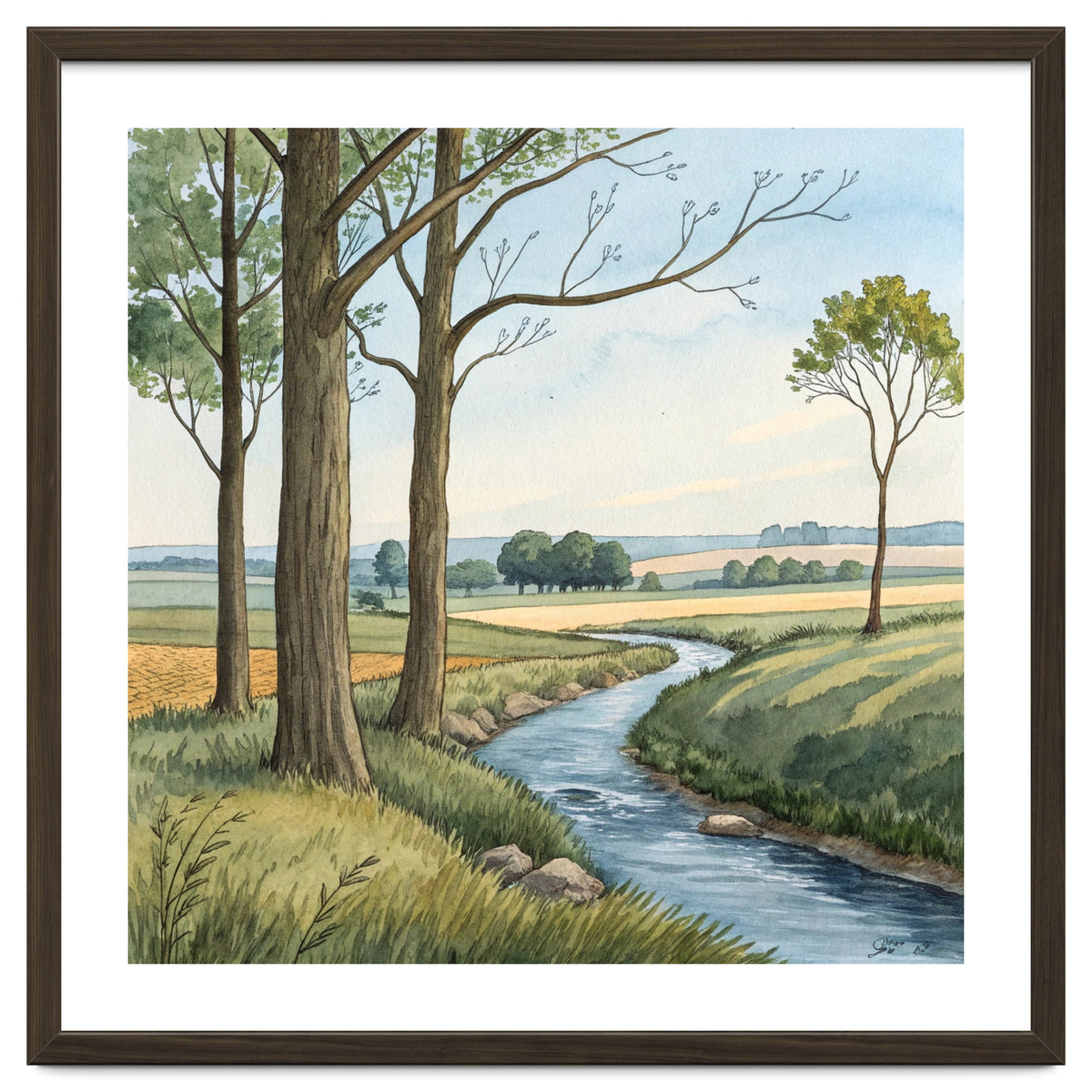 Pastoral Countryside Watercolor Painting with Winding Stream Meadows and Deciduous Trees Landscape