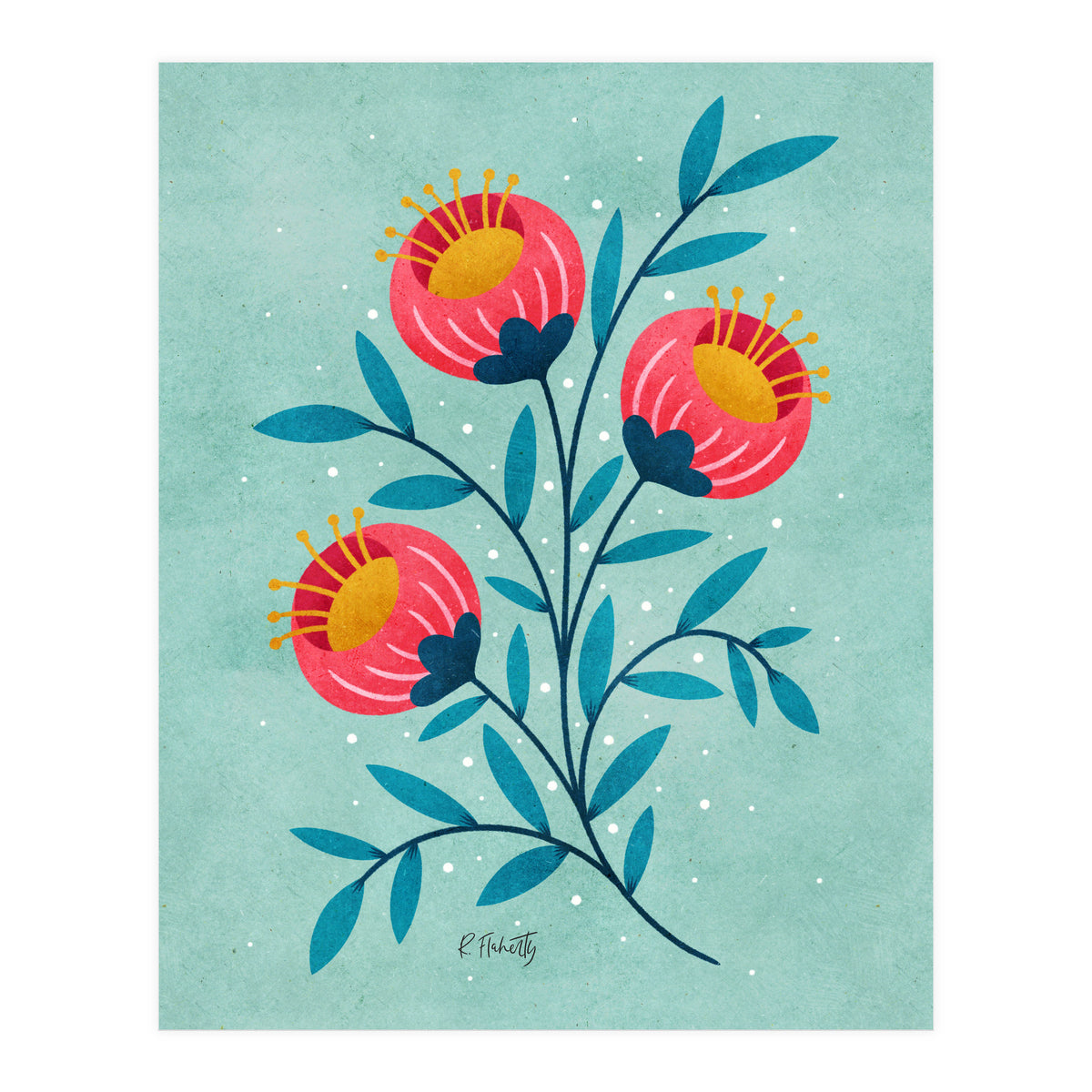 Teal And Coral Flowers (Print Only)