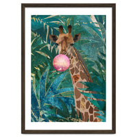 Giraffe blowing a bubble in the jungle