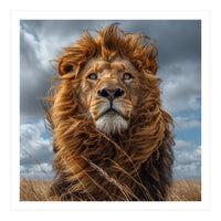 Majestic Lion Portrait Windblown Mane Outdoors (Print Only)