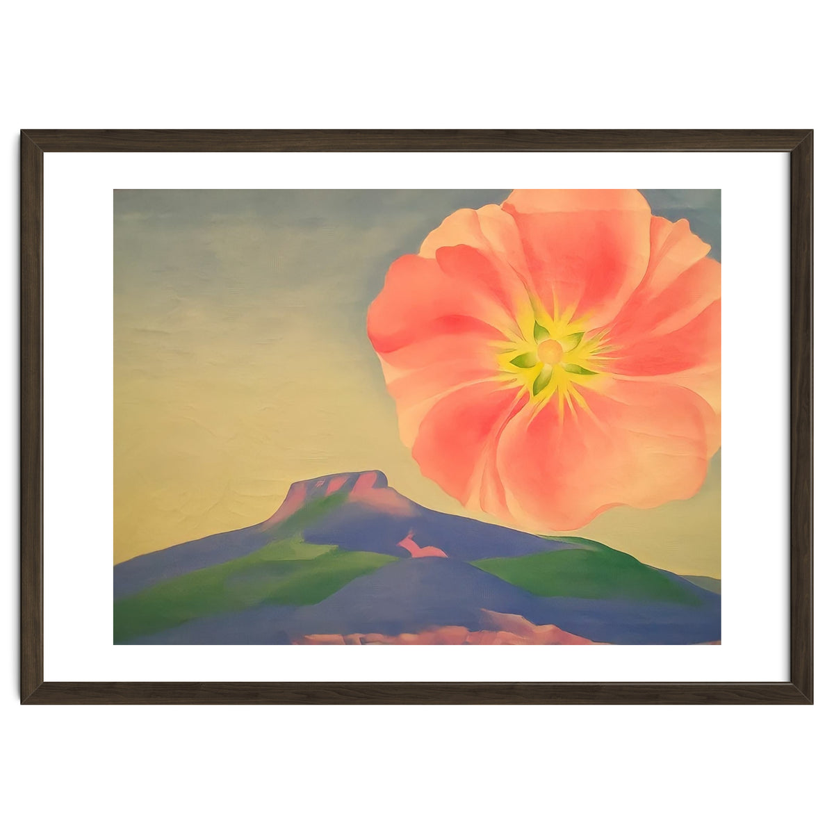 Georgia O’Keeffe – Hollyhock Pink with Pedernal (1937) | Vibrant Modernist Floral Landscape of New Mexico