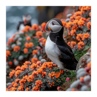Atlantic Puffin Bird Perched On Orange Flowers (Print Only)