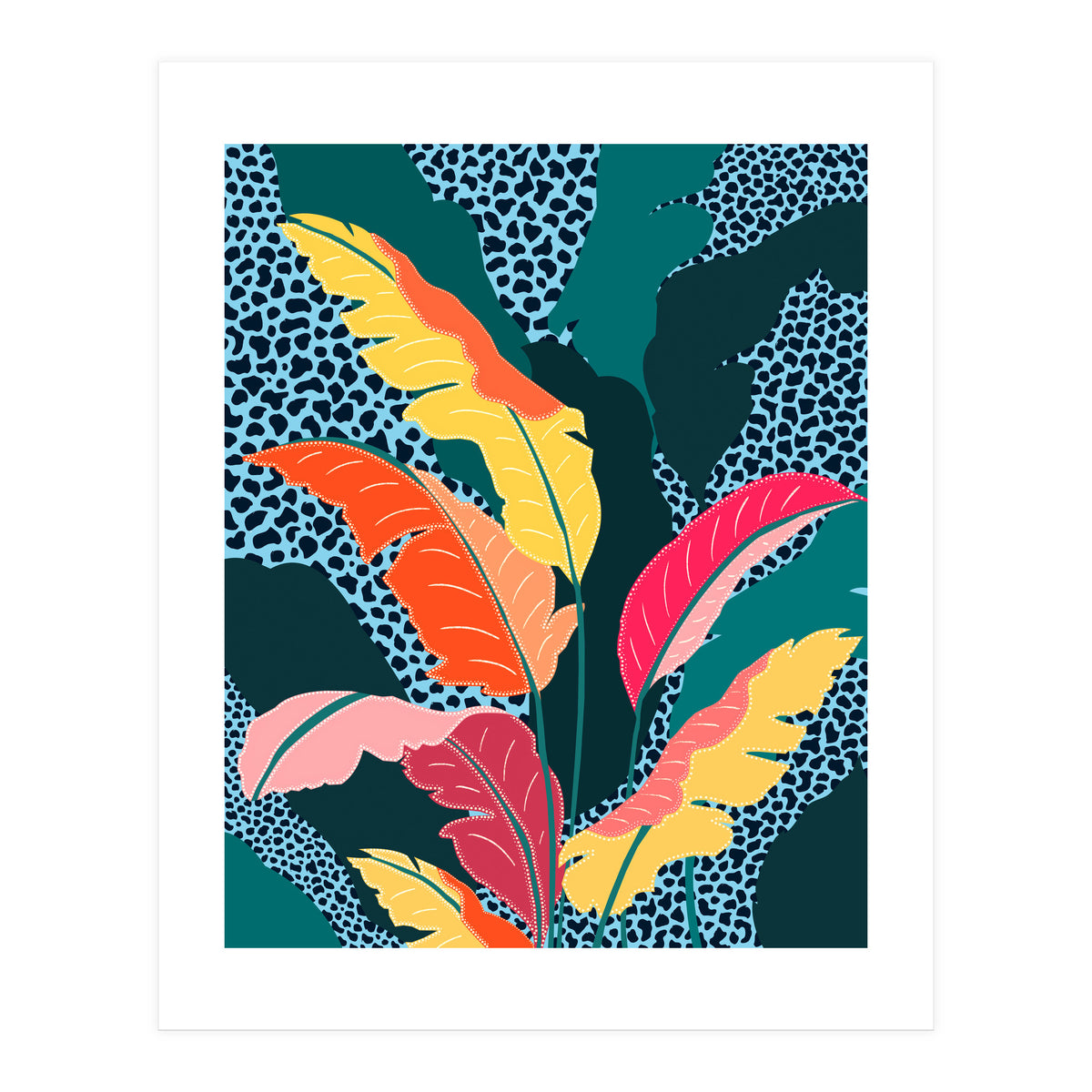 Teal & Tangerine, Botanical Nature Jungle Plants, Maximalism Eclectic Pop Of Color, Tropical Banana Leaves Bohemian Contemporary (Print Only)